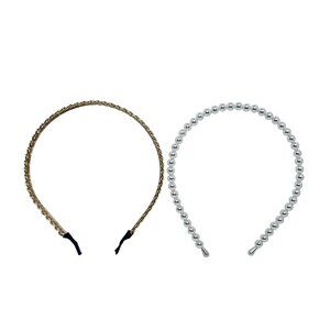 Pair Of Dressy Headbands - Gold Tone Cuban Chain and Faux Pearl (5568)